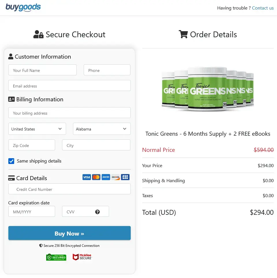 Tonic greens order page